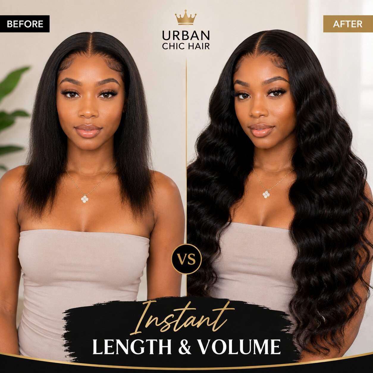 Before and after hair transformation showing Cambodian Wave tape in hair extensions adding instant length, volume, and soft natural waves