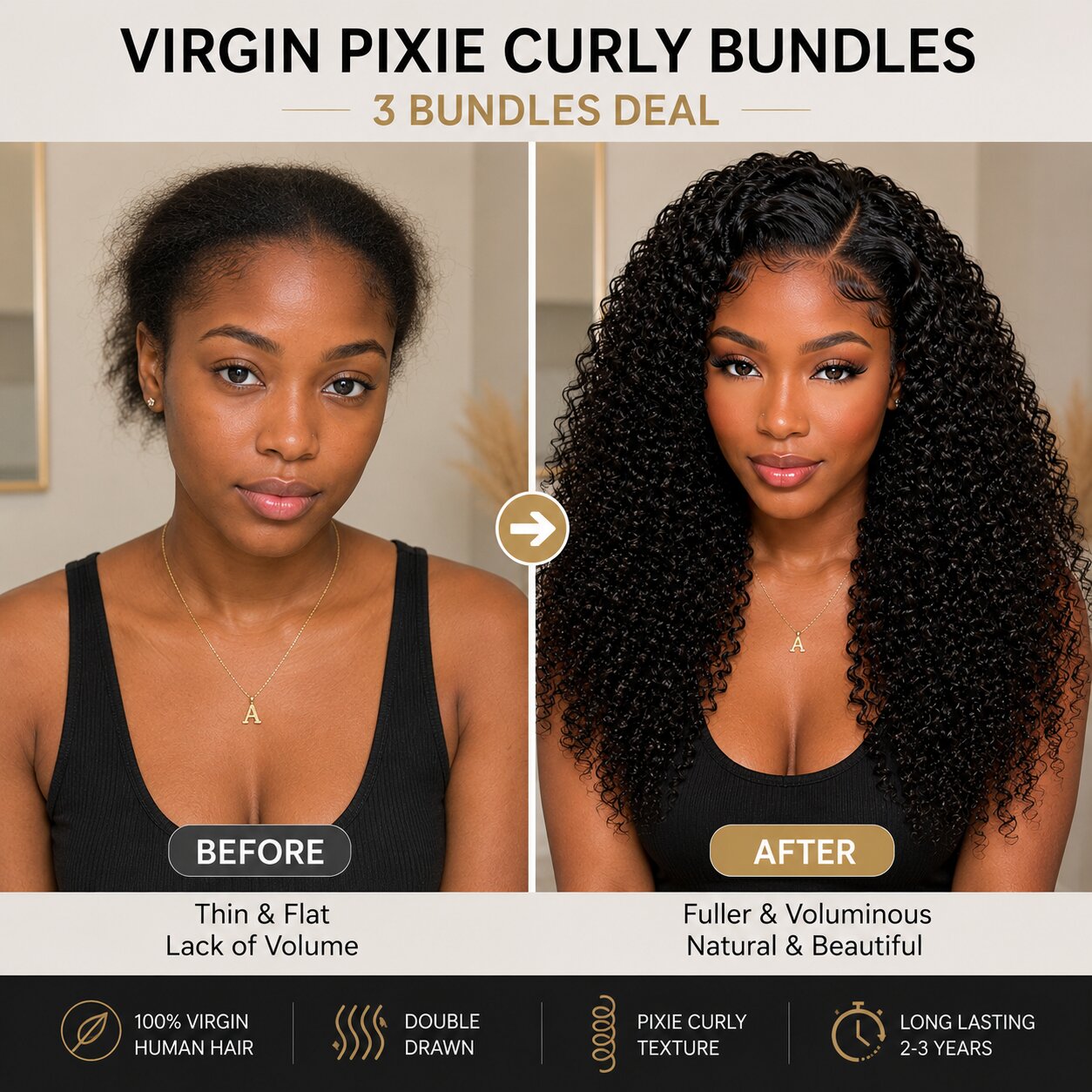 Before and after hairstyle transformation with UrbanChichair Virgin Pixie Curly Bundles for fuller, voluminous curly human hair.