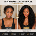 Before and after hairstyle transformation with UrbanChichair Virgin Pixie Curly Bundles for fuller, voluminous curly human hair.