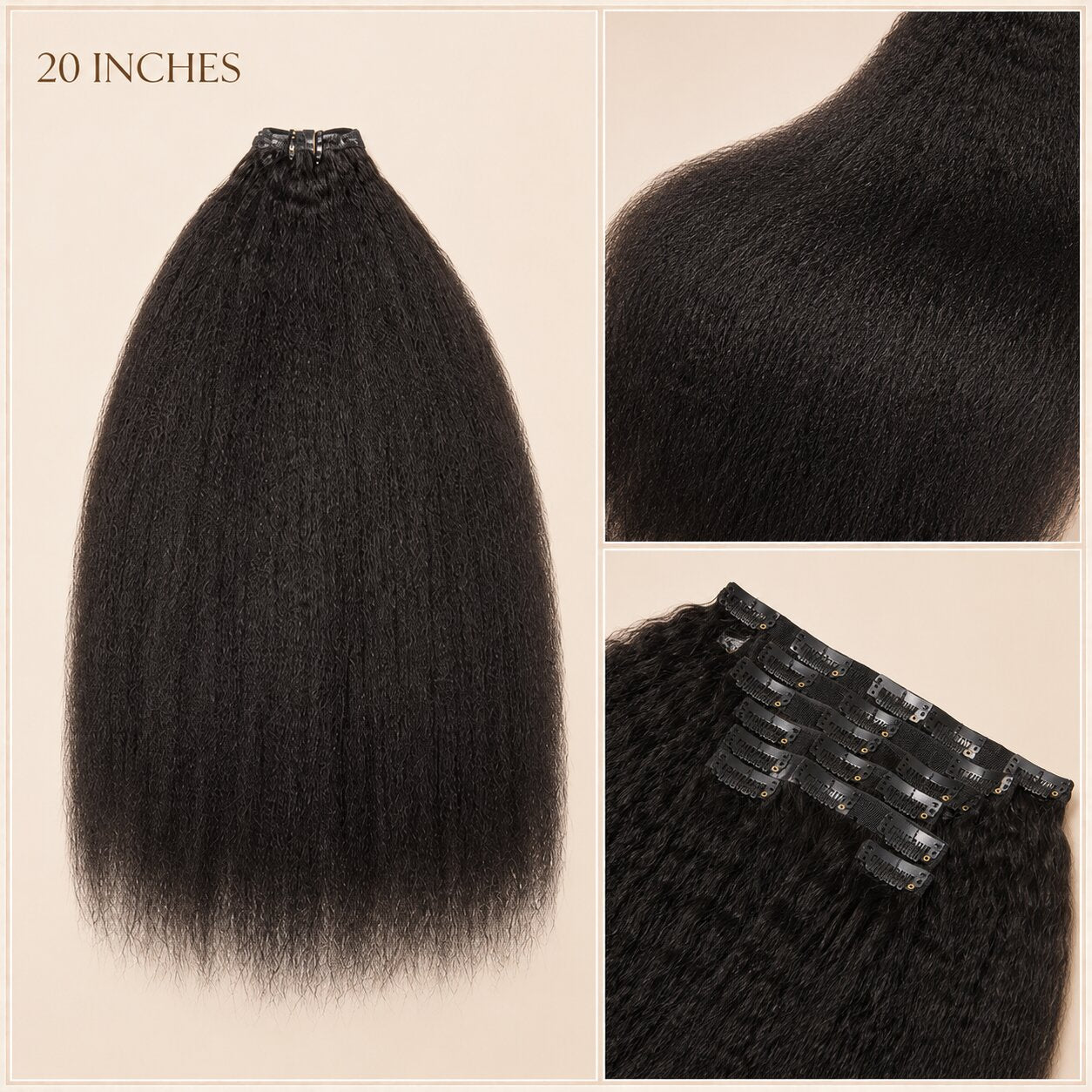 Before and after kinky straight clip-in extensions showing added length and volume in minutes