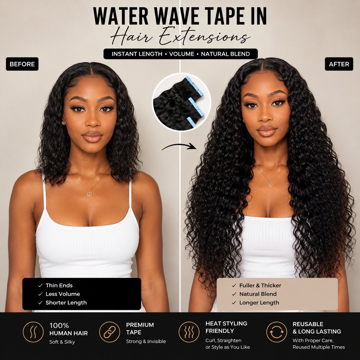 Before and after model transformation with Water Wave Tape In Hair Extensions showing added length, volume, and natural blend