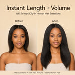 Before and after result of UrbanChichair Yaki Straight Clip-In Human Hair Extensions adding instant length, volume, and natural blend