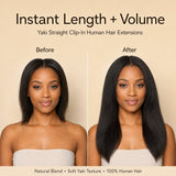 Before and after result of UrbanChichair Yaki Straight Clip-In Human Hair Extensions adding instant length, volume, and natural blend