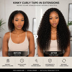 Before and after transformation showing UrbanChichair kinky curly tape in hair extensions adding instant length, volume, and a natural seamless curly blend.