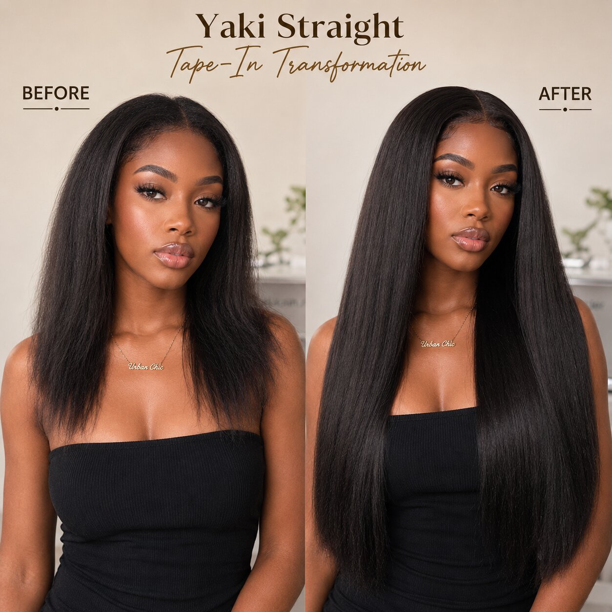 Before and after transformation showing a Black woman with shorter natural hair before and long Yaki Straight tape in extensions after installation from UrbanChichair.