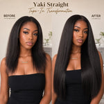 Before and after transformation showing a Black woman with shorter natural hair before and long Yaki Straight tape in extensions after installation from UrbanChichair.