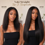 Before and after transformation showing a Black woman with shorter natural hair before and long Yaki Straight tape in extensions after installation from UrbanChichair.