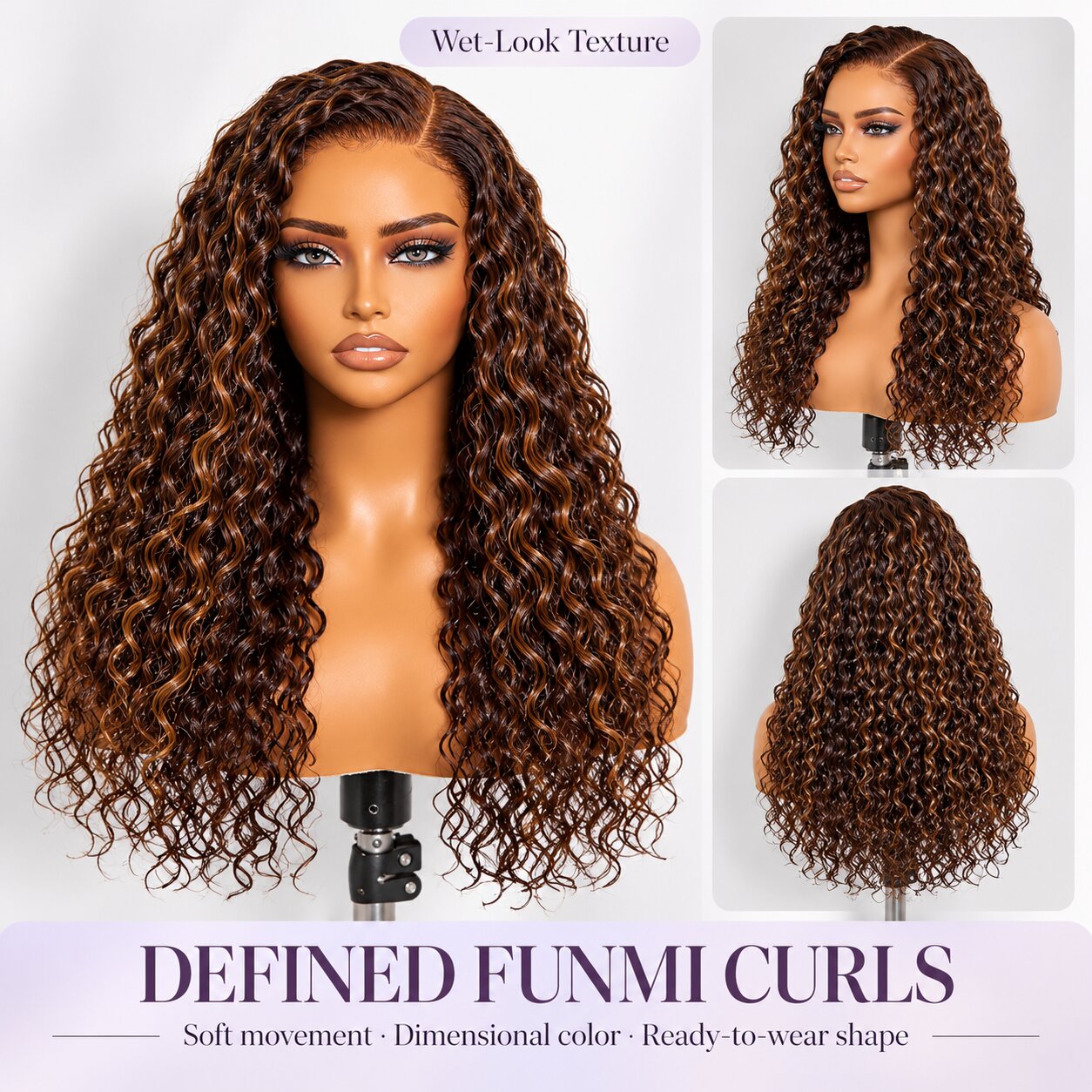 Before and after transformation showing a woman with cornrow braids and a 24 inch brown highlight Funmi curly human hair wig.