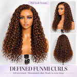 Before and after transformation showing a woman with cornrow braids and a 24 inch brown highlight Funmi curly human hair wig.