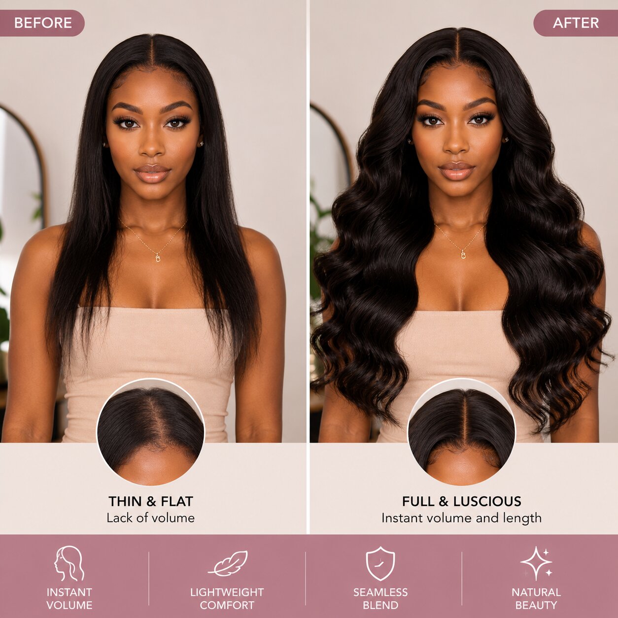Before and after transformation with UrbanChichair Body Wave Invisible Tape In Hair Extensions showing thin flat hair changed to full voluminous waves