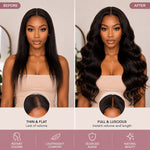 Before and after transformation with UrbanChichair Body Wave Invisible Tape In Hair Extensions showing thin flat hair changed to full voluminous waves