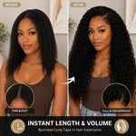Before and after transformation with UrbanChichair Burmese Curly Tape In Hair Extensions showing fuller length, volume, and defined curly texture