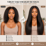 Before and after transformation with UrbanChichair Virgin Yaki Straight Bundles showing fuller longer natural-looking hair.