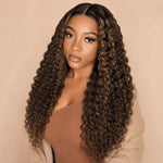 Black female model wearing Brown Highlight Deep Wave clip-in extensions with center part and voluminous highlighted curls