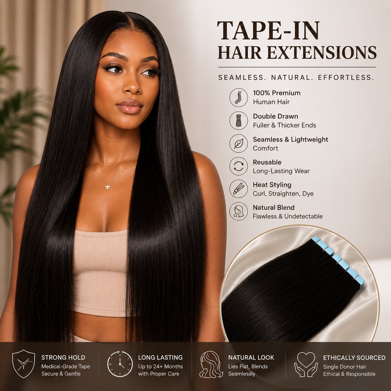 Black female model wearing long straight tape-in hair extensions with seamless natural blend, showcasing premium double drawn human hair extensions.