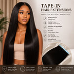 Black female model wearing long straight tape-in hair extensions with seamless natural blend, showcasing premium double drawn human hair extensions.