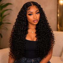 Black woman front-facing with long UrbanChichair Eurasian Curly Tape-In Hair Extensions, glossy defined curls, natural black color, and seamless salon-quality finish.