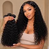 Black woman holding UrbanChichair Virgin Indian Curly Bundles Double Drawn, showing natural black curly bundles with soft shine and full texture.