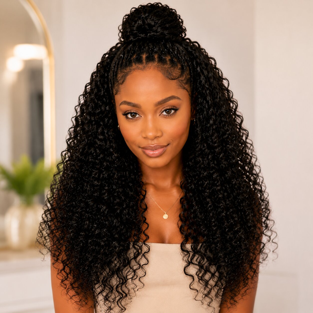 Black woman model with voluminous curly hair, half-up topknot hairstyle, curls naturally falling, full and glossy, clean modern background, high-end lifestyle look.