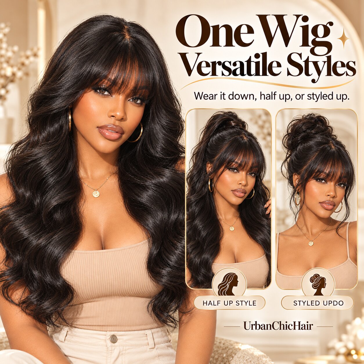 Black woman showcasing versatile hairstyles with a loose body wave human hair wig with bangs, including flowing waves, half-up and updo styles.
