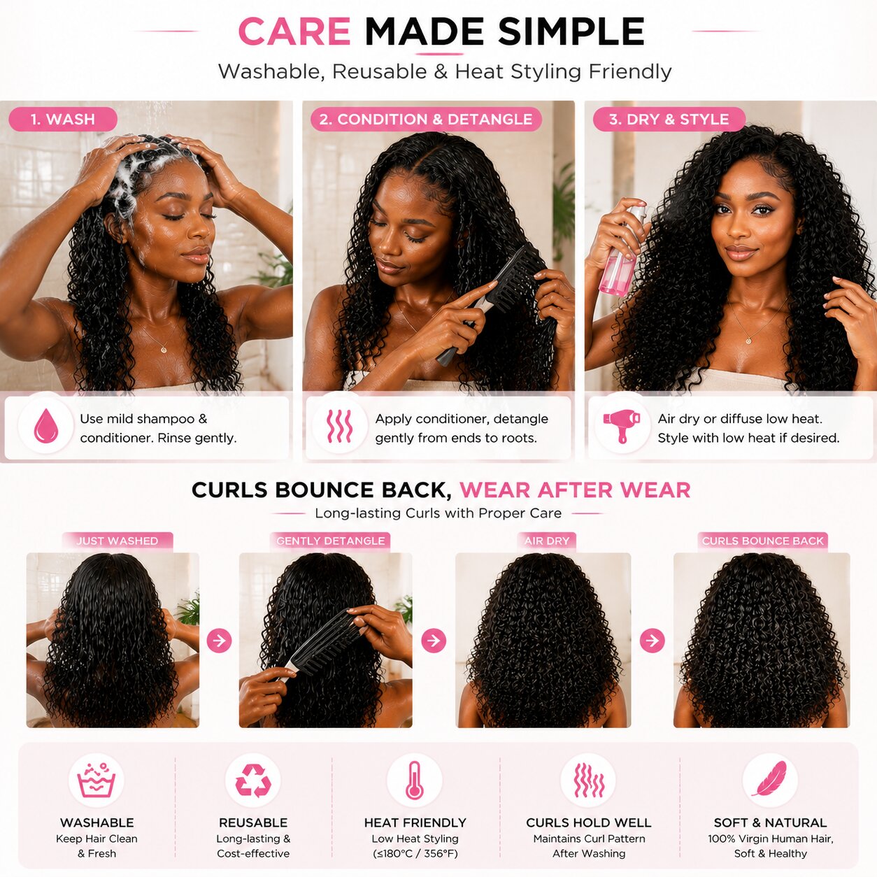 Black woman washing, conditioning, and gently detangling her Burmese curly crochet braids in a modern bathroom, demonstrating washable, reusable, and heat-friendly hair care, curls glossy and healthy.