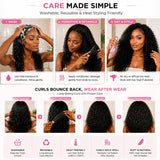 Black woman washing, conditioning, and gently detangling her Burmese curly crochet braids in a modern bathroom, demonstrating washable, reusable, and heat-friendly hair care, curls glossy and healthy.