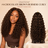 Black woman wearing #4 Chocolate Brown Burmese Curly crochet human hair with matching crochet hair bundle displayed beside her.
