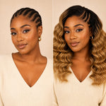 Black woman wearing #T1B/27 ombre blonde loose deep wave human crochet hair in a side-part crochet style