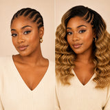 Black woman wearing #T1B/27 ombre blonde loose deep wave human crochet hair in a side-part crochet style