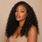 Black woman wearing UrbanChichair Burmese Curly Seamless Clip-In Hair Extensions with full natural-looking curls and soft volume