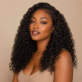 Black woman wearing UrbanChichair Burmese Curly Seamless Clip-In Hair Extensions with full natural-looking curls and soft volume