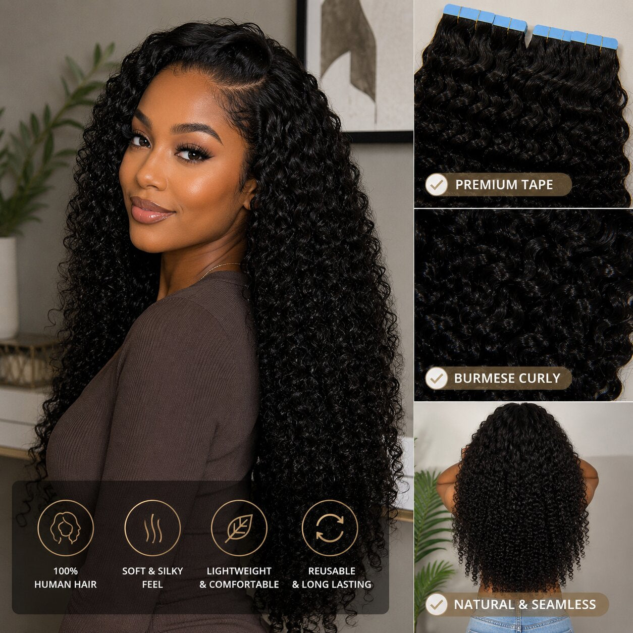 Black woman wearing UrbanChichair Burmese Curly Tape In Hair Extensions with long voluminous black curls and a natural seamless blend
