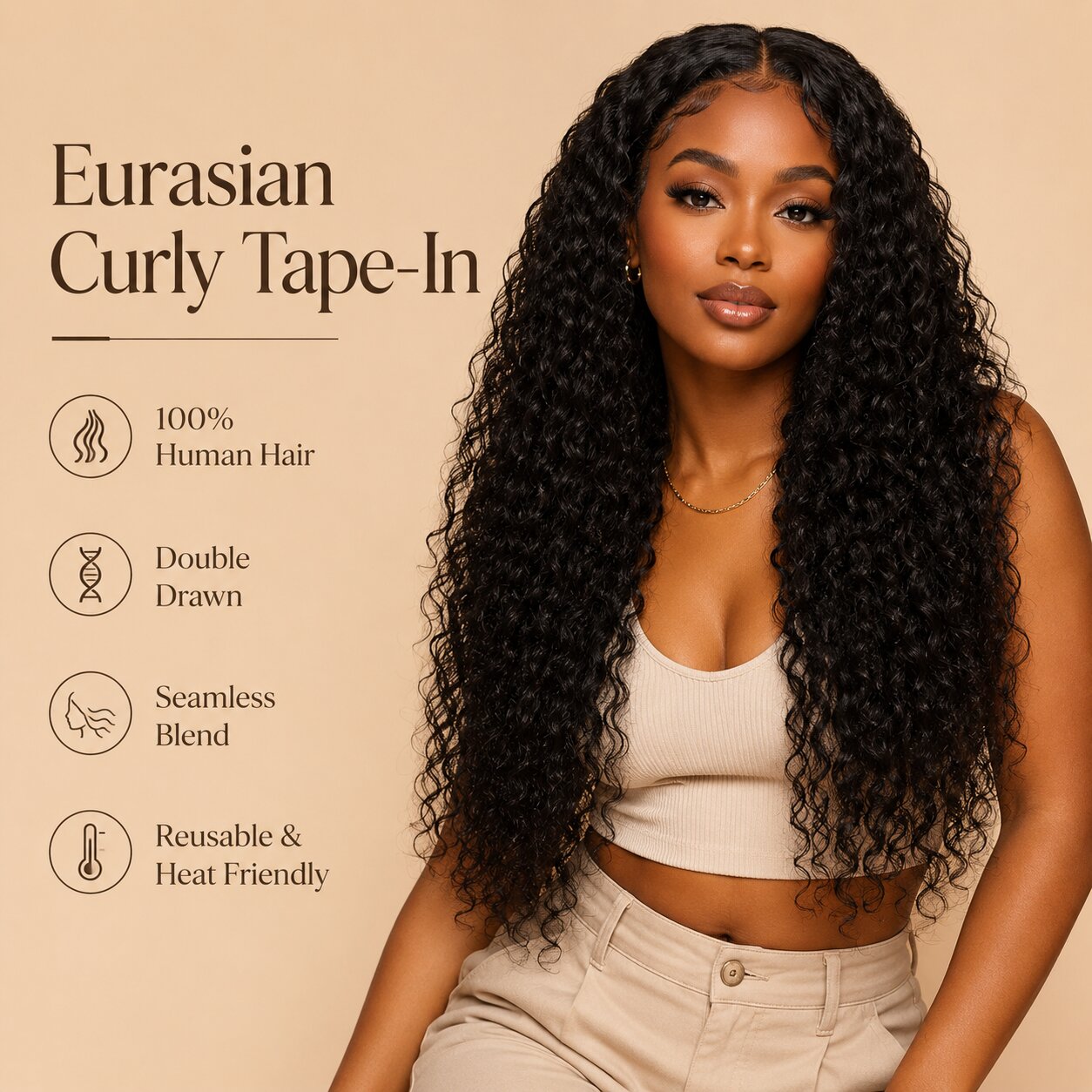 Black woman wearing UrbanChichair Eurasian Curly Tape-In Hair Extensions with long defined curls, seamless blend, natural volume, and soft glossy finish.
