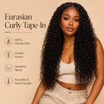 Black woman wearing UrbanChichair Eurasian Curly Tape-In Hair Extensions with long defined curls, seamless blend, natural volume, and soft glossy finish.