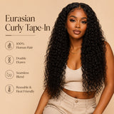 Black woman wearing UrbanChichair Eurasian Curly Tape-In Hair Extensions with long defined curls, seamless blend, natural volume, and soft glossy finish.