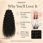 Black woman wearing UrbanChichair Feather Crochet Human Hair in a soft natural black boho curly style with multi-angle beauty views.