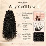 Black woman wearing UrbanChichair Feather Crochet Human Hair in a soft natural black boho curly style with multi-angle beauty views.