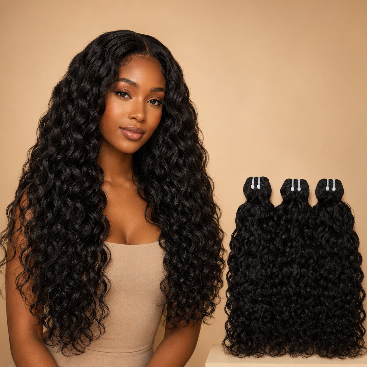 Black woman wearing UrbanChichair Raw Natural Wave Bundles with long glossy natural black waves beside matching 3 bundle hair extensions