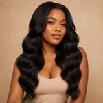 Black woman wearing UrbanChichair Soft Body Wave Seamless Clip-in Human Hair Extensions in natural black with glossy, full, natural-looking waves.