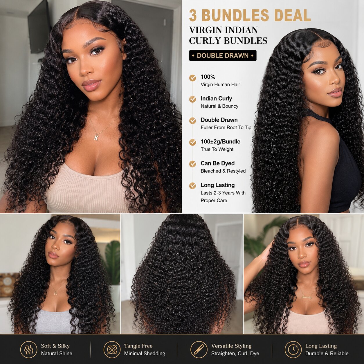 Black woman wearing UrbanChichair Virgin Indian Curly Bundles with long natural black curly hair, soft shine, full volume, and defined bouncy curls.