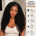 Black woman wearing UrbanChichair Virgin Pixie Curly Bundles with product benefits including virgin human hair, double drawn fullness, and pixie curly texture.