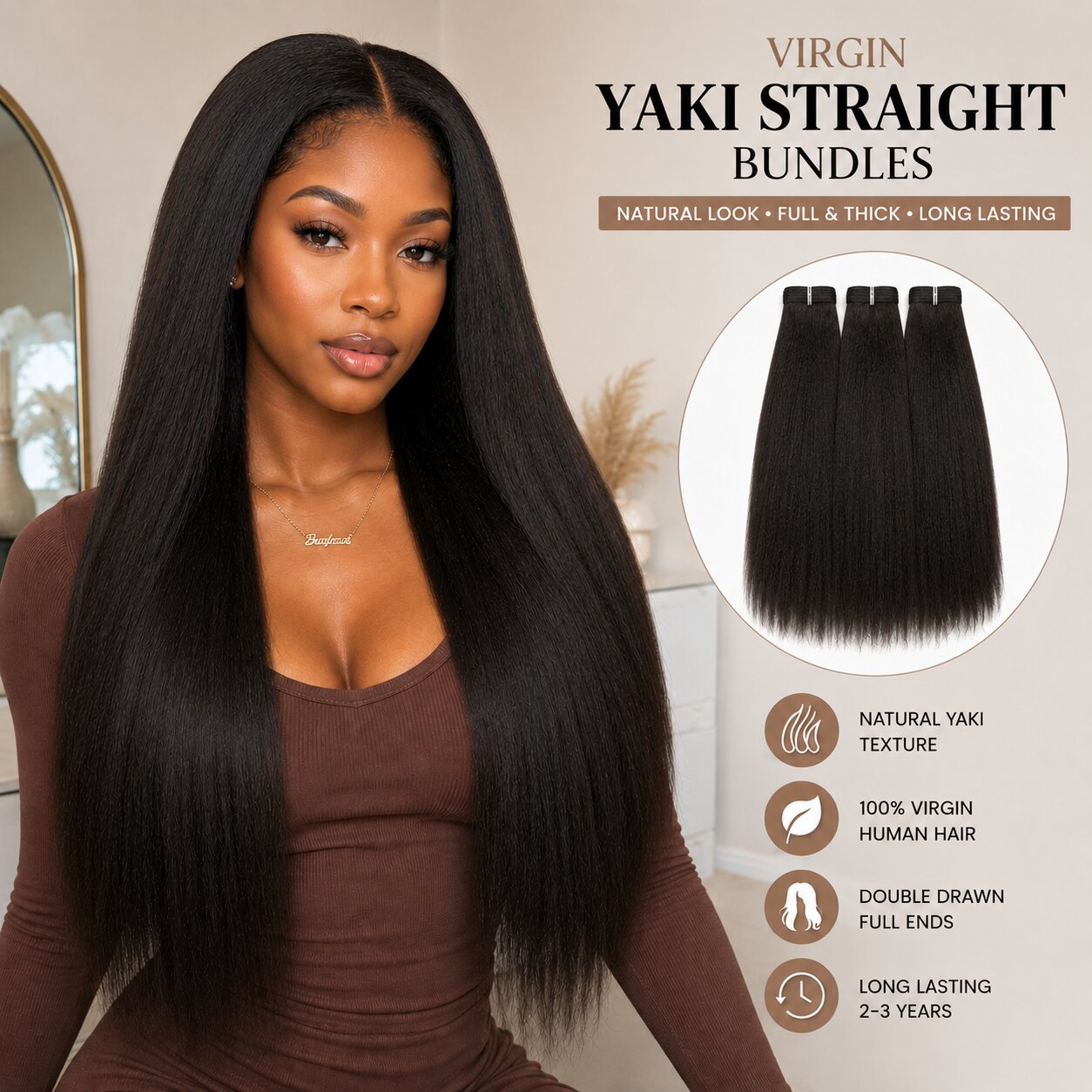 Black woman wearing UrbanChichair Virgin Yaki Straight Bundles with long sleek natural-looking human hair.