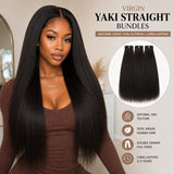 Black woman wearing UrbanChichair Virgin Yaki Straight Bundles with long sleek natural-looking human hair.
