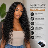 Black woman wearing UrbanChichair deep wave tape-in hair extensions with full volume, natural shine, and seamless deep wave texture.