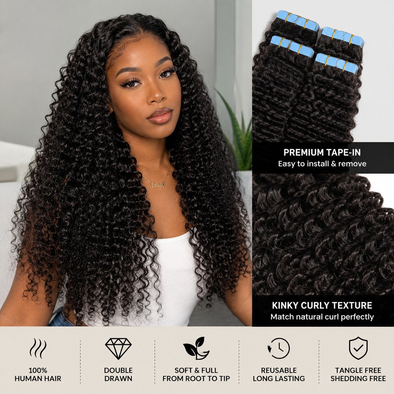 Black woman wearing UrbanChichair kinky curly tape in hair extensions with long full curls, natural volume, and seamless blended human hair texture.