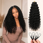 Black woman wearing UrbanChichair lightweight water wave crochet human hair with natural black curls, center part, and full soft volume.