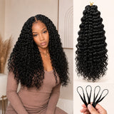 Black woman wearing UrbanChichair lightweight water wave crochet human hair with natural black curls, center part, and full soft volume.