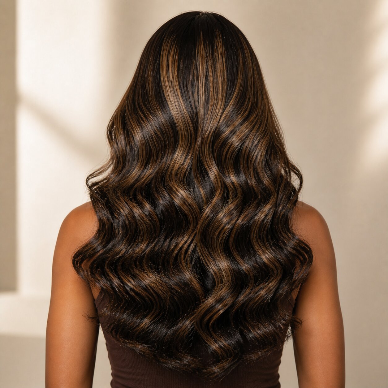 Black woman wearing a full brown highlight loose body wave wig with a defined left C part.