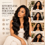 Black woman wearing a long loose body wave glueless human hair wig, showcasing versatile hairstyles for everyday wear, work, and special occasions.