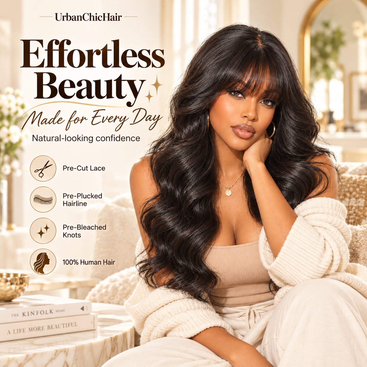 Black woman wearing a natural black loose body wave glueless human hair wig with bangs in an elegant everyday lifestyle setting.